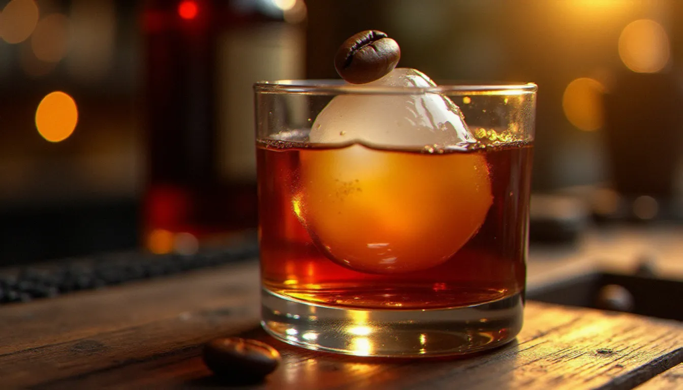 Verre de khalua ambré sur glaçon sphérique, posé sur un comptoir de bar en bois, avec un grain de café arabica en décoration