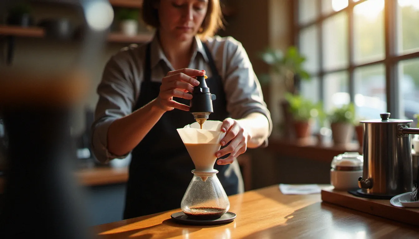 Barista réglant un moulin à café manuel pour optimiser l'extraction et éviter l'amertume dans un café filtre V60