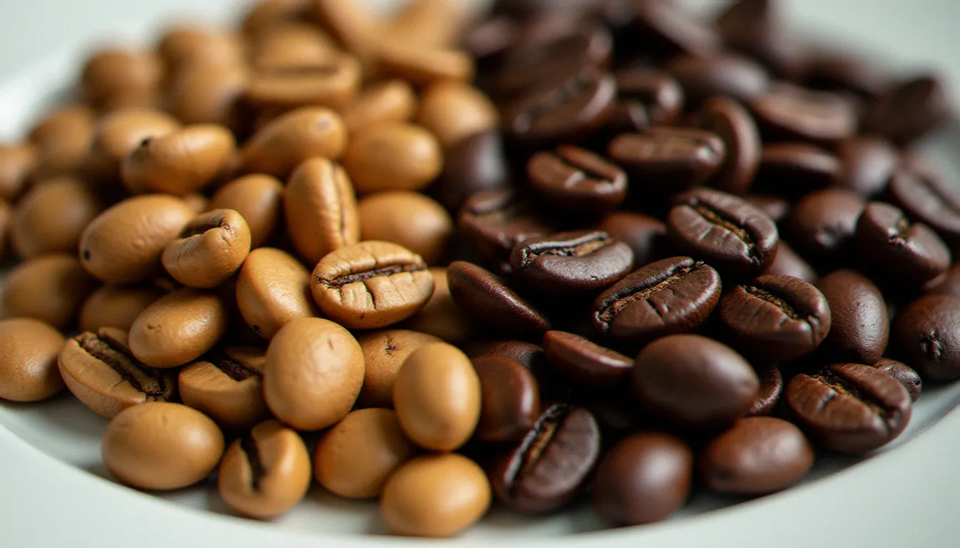 Comparaison côte à côte de grains torréfiés clair et sombre illustrant l'impact du degré de torréfaction sur l'amertume du café en grain