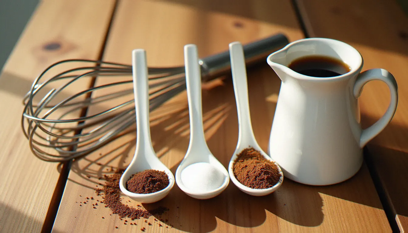 Vue de dessus des ingrédients pour préparer une mousse au café bien ferme sur table en bois rustique : café soluble, sucre blanc et eau chaude avec un fouet en inox