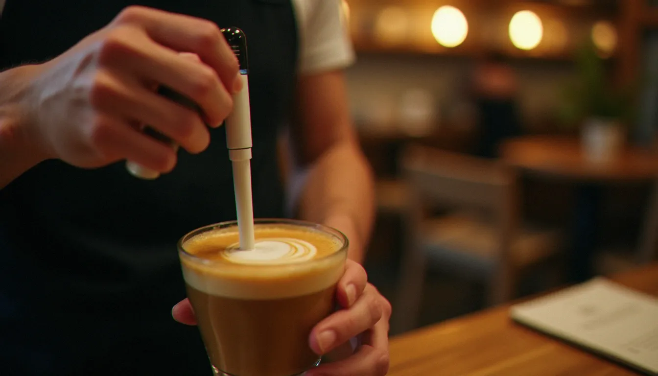 Mains d'un barista utilisant un fouet électrique à lait pour monter une mousse au café bien ferme dans un bol en verre, crème dorée et épaisse tourbillonnant à la surface