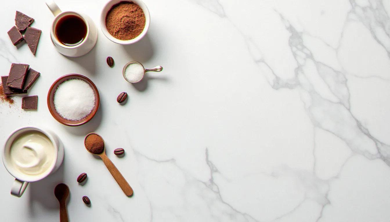 Vue de dessus des ingrédients de la mousse mocha disposés sur marbre blanc : morceaux de chocolat noir, shot d'espresso, crème fouettée, cacao en poudre et fleur de sel