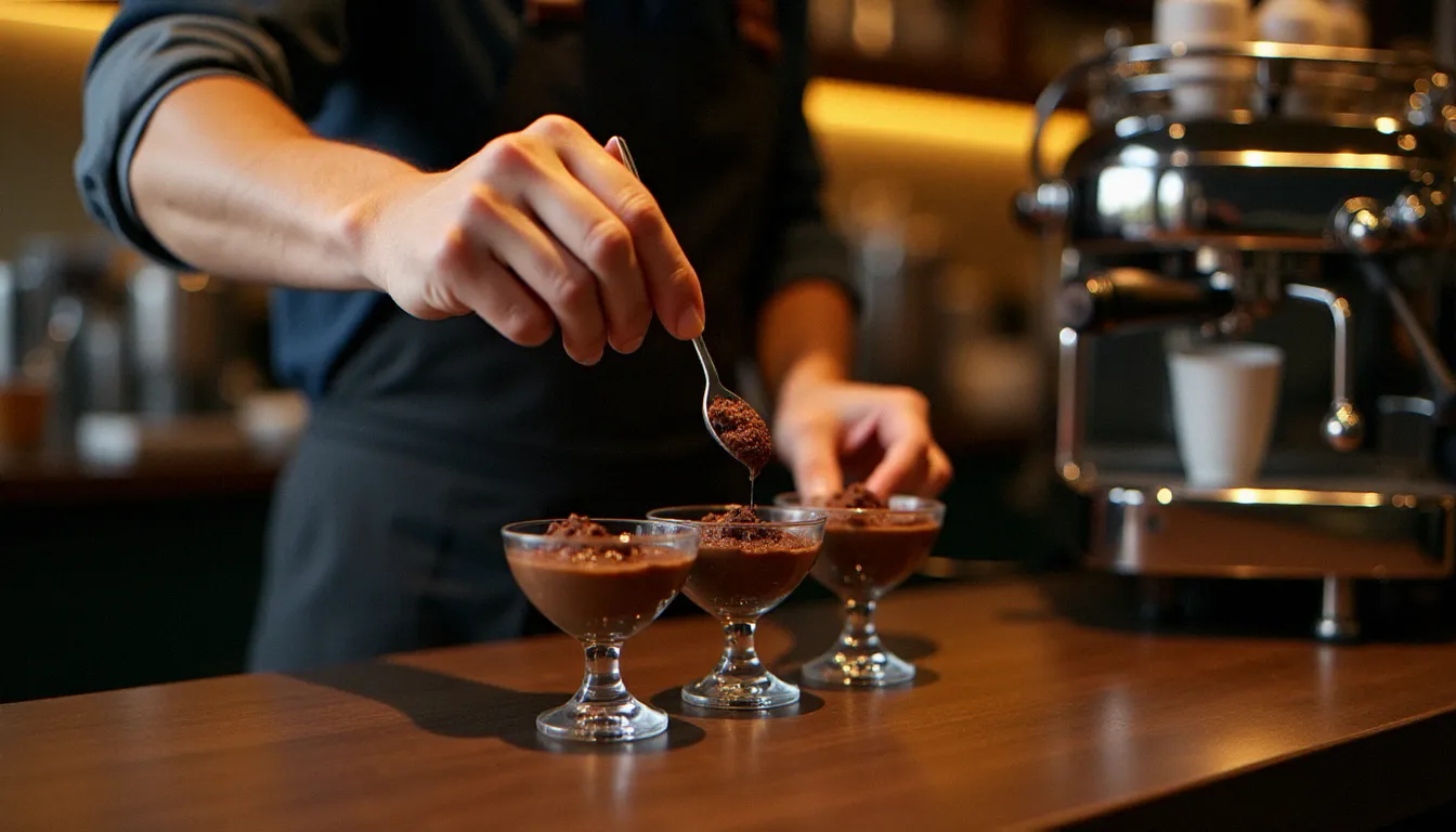 Barista versant délicatement de la mousse mocha dans des verrines sur un comptoir de café de spécialité, avec une machine espresso professionnelle visible en arrière-plan