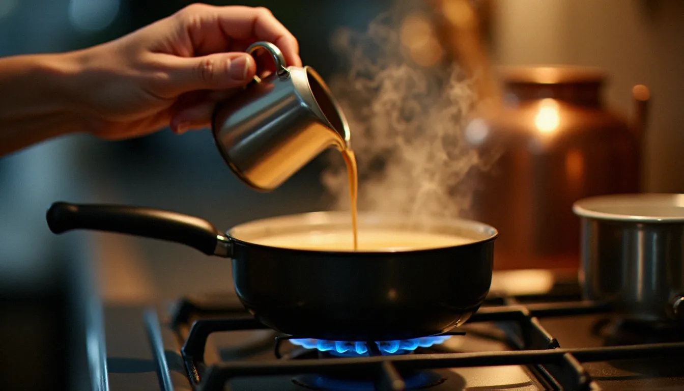 Mains versant un expresso concentré dans une casserole de crème chaude pour préparer une panna cotta café maison sur une cuisinière à gaz