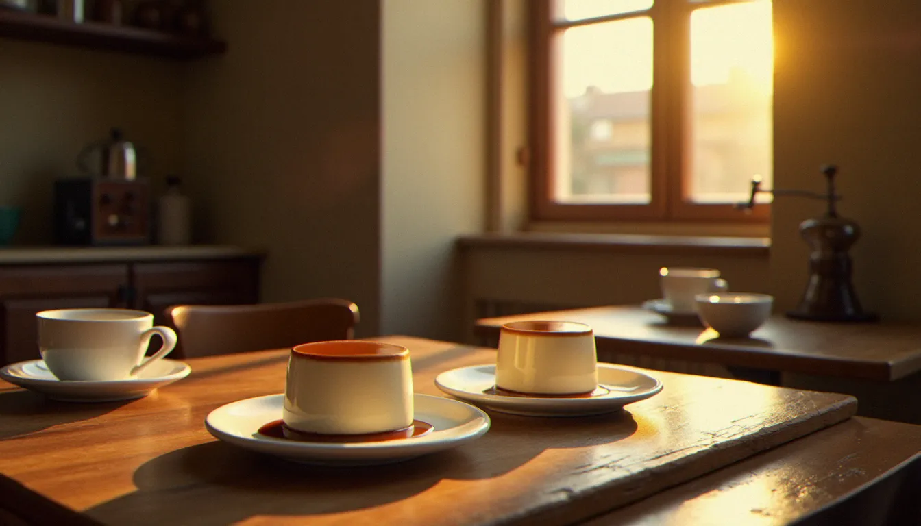 Deux panna cotta café démoulées sur assiettes blanches dans un café rustique, nappées d'une sauce caramel au café, lumière dorée de fin d'après-midi
