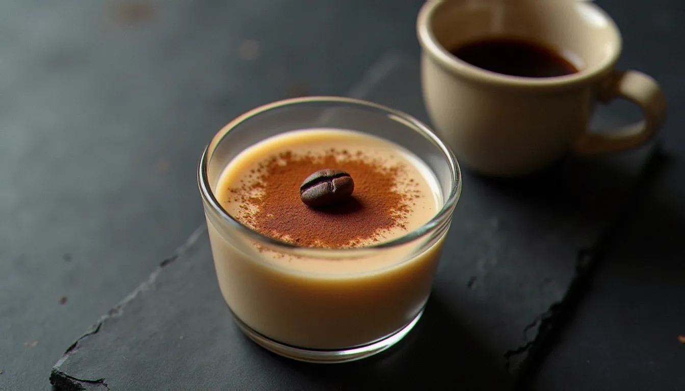 Verrine de panna cotta café vue de dessus, saupoudrée de cacao et garnie d'un grain de café torréfié, sur une ardoise sombre