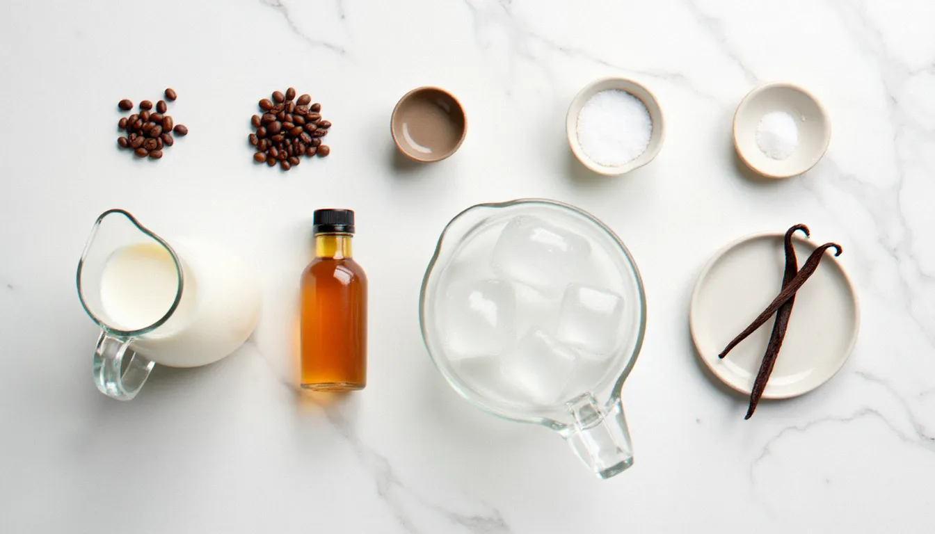 Vue aérienne des ingrédients nécessaires à la recette café latte glacé : grains de café torréfiés, pichet de lait entier froid, glaçons, sirop de canne, gousse de vanille et fleur de sel sur marbre blanc