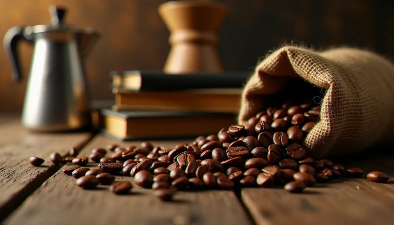 Gros plan sur des grains de café fraîchement torréfiés de couleur marron chocolat renversés d'un sac en toile de jute sur table en chêne, avec cafetière moka et carnet de torréfacteur en arrière-plan flou, soulignant l'importance de la qualité du grain dans la recette café latte glacé