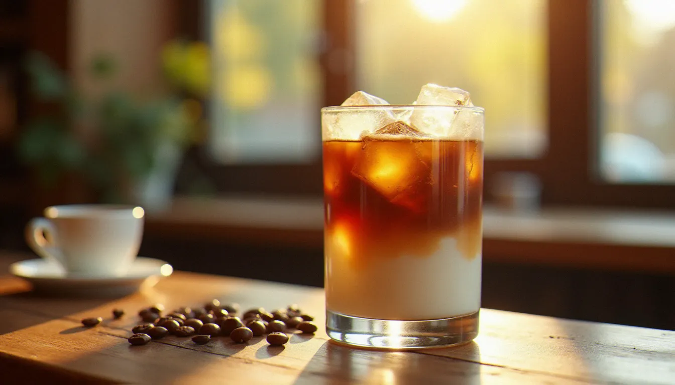 Grand verre de café latte glacé aux couches distinctes d'espresso et de lait posé sur un comptoir de café en bois, illustrant la recette café latte glacé maison
