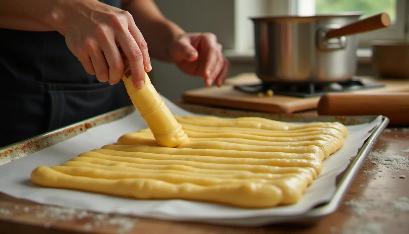 Mains de pâtissier dressant des boudins de pâte à choux sur plaque recouverte de papier cuisson dans une cuisine artisanale