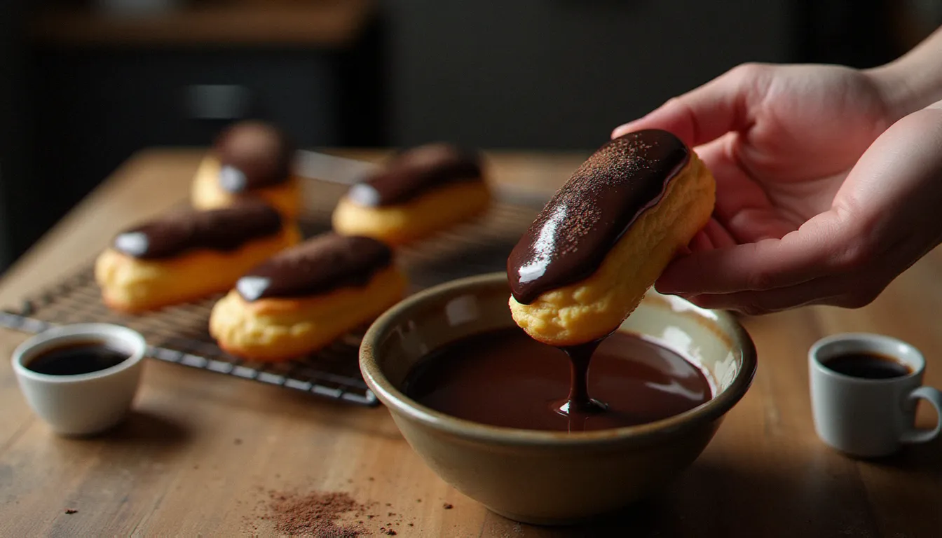 Glaçage d'un éclair au café dans le fondant brun brillant, avec des éclairs déjà glacés sur grille en arrière-plan