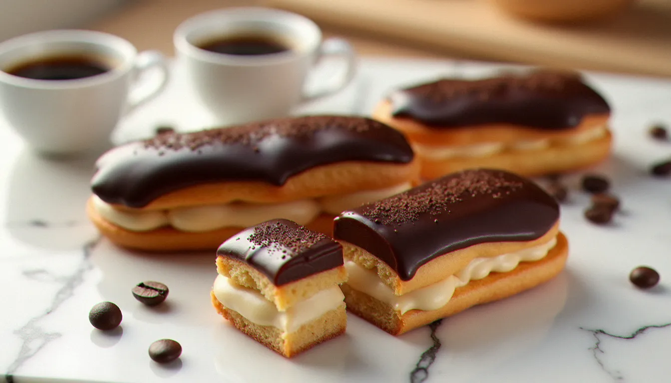 Quatre éclairs au café maison sur marbre blanc, glaçage fondant brillant et crème pâtissière au café visible en coupe