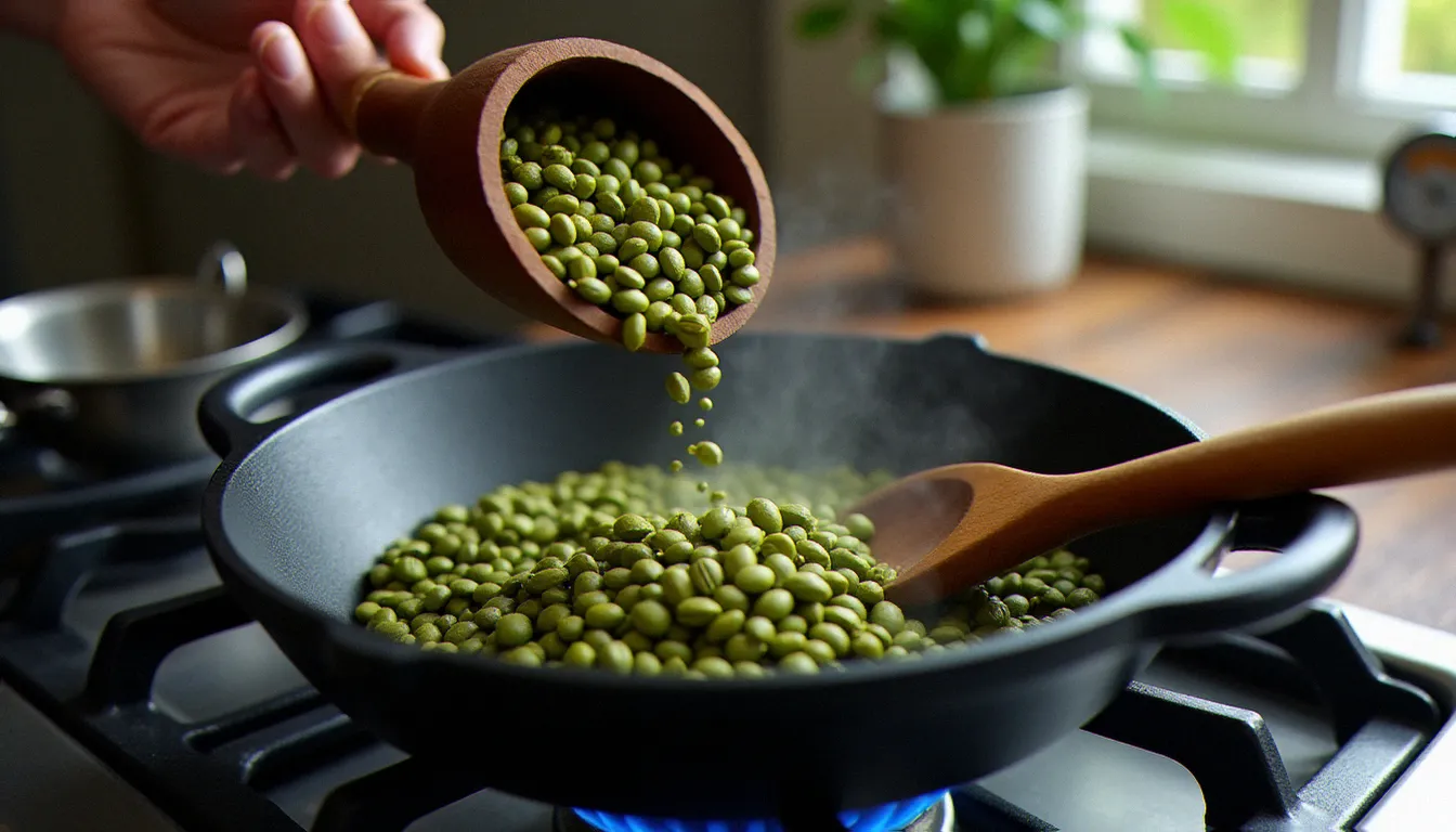 Grains de café vert versés dans une poêle en fonte posée sur une flamme à gaz pour être torréfiés à domicile, avec une lumière naturelle matinale