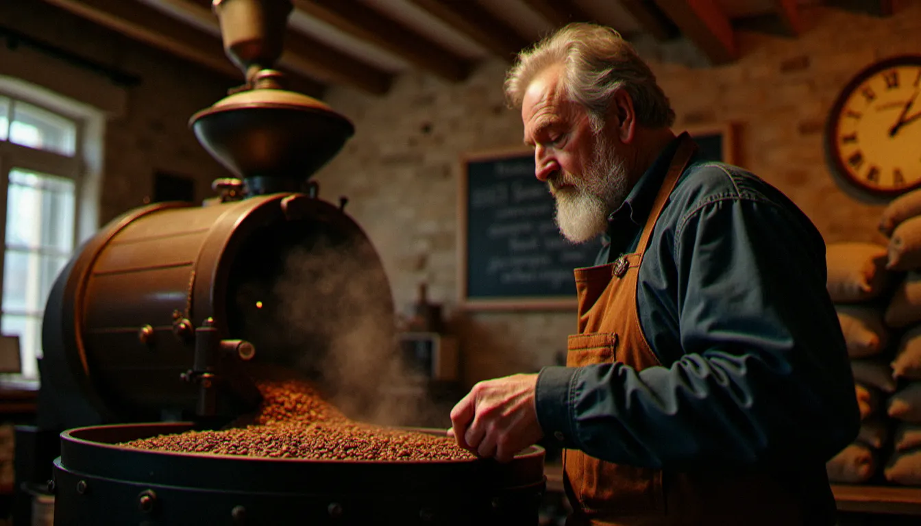 Torréfacteur artisanal surveillant un tambour de torréfaction en fonte pour torréfier des grains de café dans un atelier rustique en Auvergne