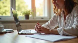 Une femme consultant le site de la CAF depuis son domicile pour comprendre comment ça marche, avec ses documents administratifs posés sur la table et un café à portée de main