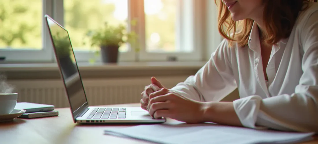 Une femme consultant le site de la CAF depuis son domicile pour comprendre comment ça marche, avec ses documents administratifs posés sur la table et un café à portée de main