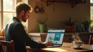 Un homme remplissant un formulaire CAF en ligne depuis chez lui avec une tasse d'espresso posée à côté, illustrant comment s'inscrire à la CAF depuis son domicile