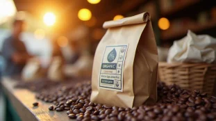 Paquet de café bio avec logo certification européenne sur un étal en bois, illustrant la question du café bio Lidl prix