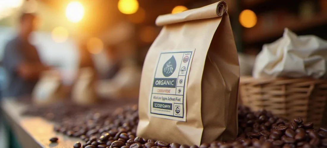 Paquet de café bio avec logo certification européenne sur un étal en bois, illustrant la question du café bio Lidl prix