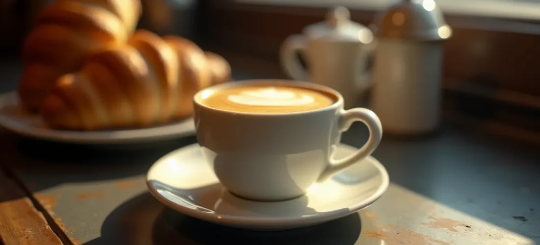 Un café crème servi dans une tasse en céramique blanche épaisse posée sur le comptoir en zinc d'un bistrot français, avec une crema dorée et une fine couche de mousse de lait soyeuse