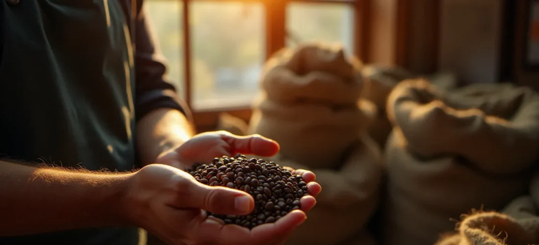 Torréfacteur artisan tenant des grains de café fraîchement torréfiés dans ses mains dans son atelier, symbole du café meilleur qualité prix