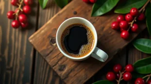 Tasse de café naturellement sans caféine posée sur une table en chêne, entourée de branches de caféier aux cerises rouges mûres, lumière matinale douce