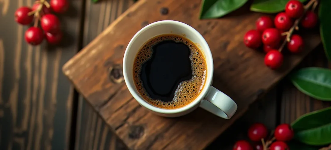 Tasse de café naturellement sans caféine posée sur une table en chêne, entourée de branches de caféier aux cerises rouges mûres, lumière matinale douce