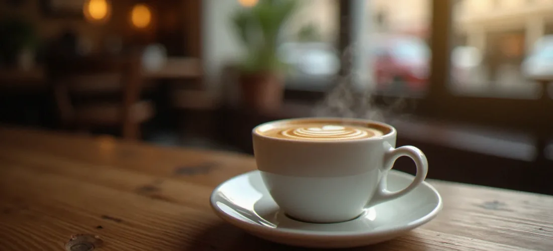 Tasse de café noir avec une crema dorée posée sur un comptoir en bois dans un café indépendant de Rennes au lever du jour