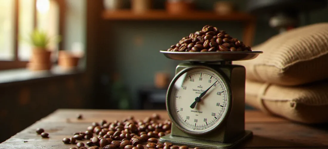 Balance de cuisine avec un kilo de grains de café arabica fraîchement torréfiés dans un atelier de torréfaction artisanal à Riom