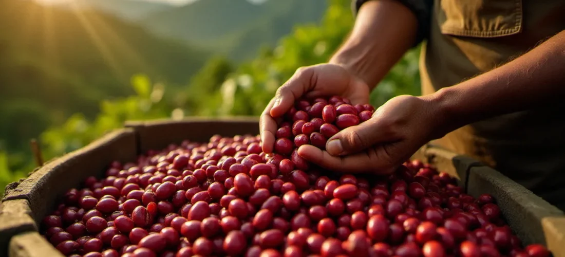 Un producteur de café membre d'une coopérative trie à la main des cerises de café mûres, illustrant le soin apporté au café prix garantie coop
