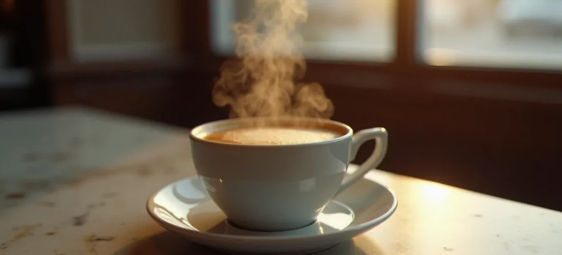 Tasse de caffe forte avec une crema épaisse dorée sur un comptoir en marbre de bar à l'italienne, lumière matinale tamisée