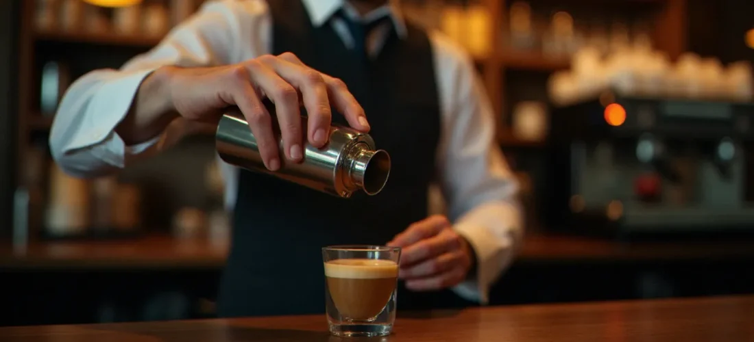 Un barista prépare un cocktail café en shakant vigoureusement un mélange d'espresso et de vodka derrière un comptoir en bois dans un café chaleureux de Riom