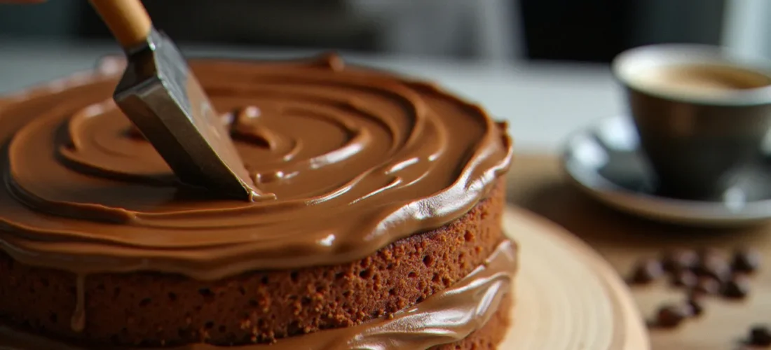 Crème au beurre café étalée sur un gâteau layer cake, avec des grains de café et une tasse d'espresso visibles en arrière-plan sur un plan de travail en bois
