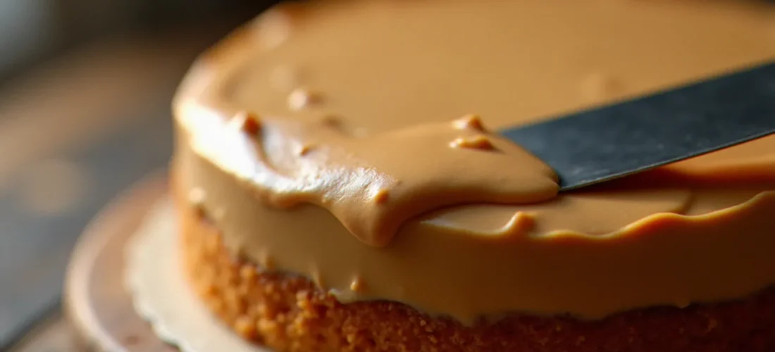 Crème beurre au café lisse et brillante étalée à la spatule sur un gâteau, sur un plan de travail en bois rustique