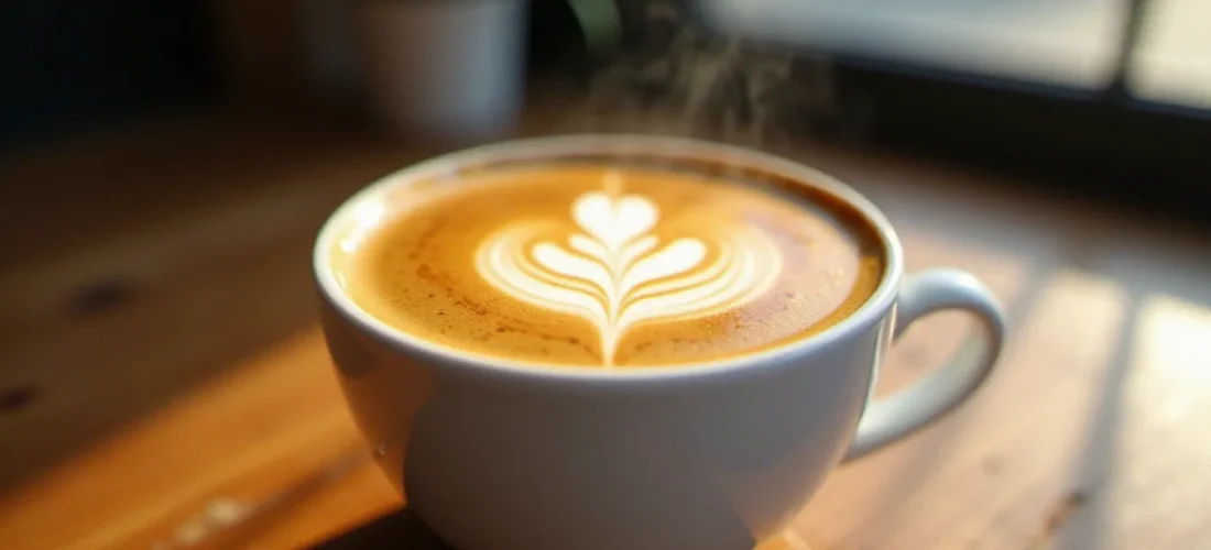 Tasse d'expresso avec une crème café dorée et tigrée posée sur un comptoir en bois d'une torréfaction artisanale à Riom