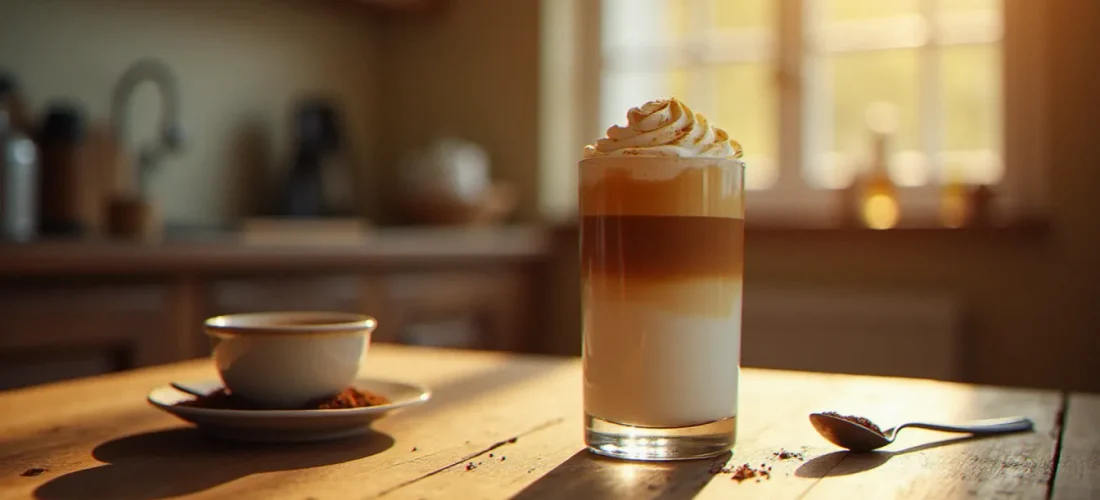 Verre de crème café maison posé sur une table en bois rustique, avec une épaisse couche de mousse café dorée reposant sur du lait blanc, et un bol de café soluble en céramique à côté