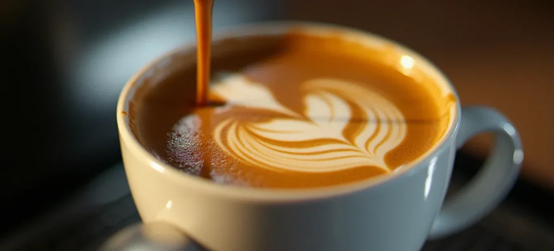 Tasse d'espresso avec une crème de café dorée et dense aux motifs de tigre, légère vapeur, machine expresso en arrière-plan flou