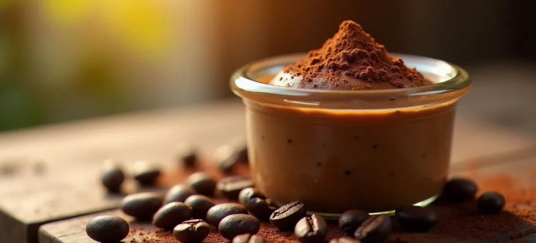 Crémeux café maison lisse et brillant servi en verrine sur une table en bois avec des grains de café torréfiés