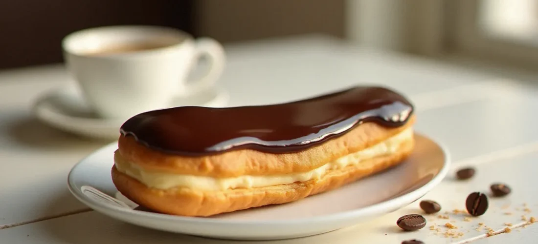Éclair café artisanal avec fondant brillant brun sur assiette blanche, expresso en arrière-plan flou sur table en bois