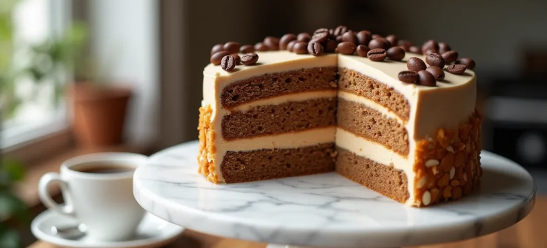 Gâteau moka classique tranché sur un présentoir en marbre blanc, révélant ses trois couches de génoise imbibée de café et sa crème au beurre, décoré d'amandes grillées et de grains de café en chocolat