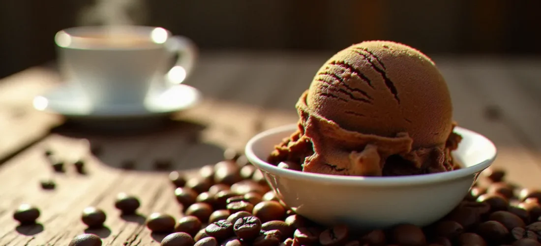 Une boule de glace café dans un bol blanc entourée de grains de café torréfiés sur une table en bois rustique, avec une tasse d'espresso en arrière-plan