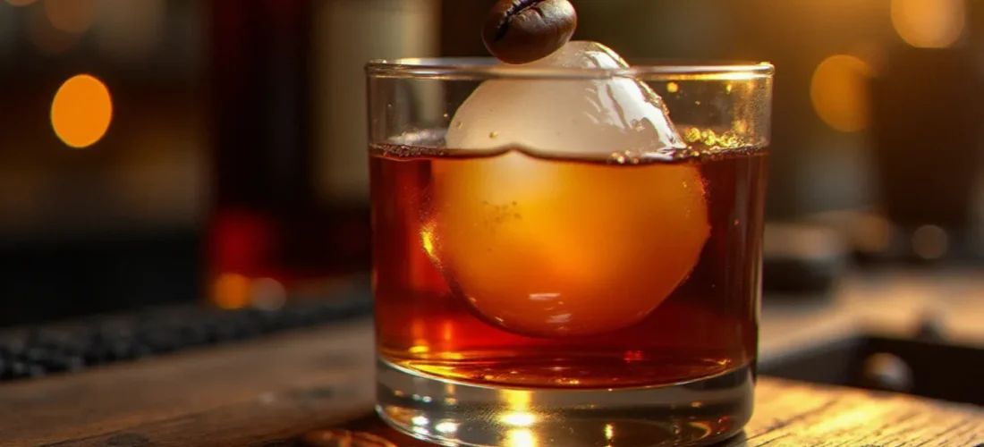 Verre de khalua ambré sur glaçon sphérique, posé sur un comptoir de bar en bois, avec un grain de café arabica en décoration