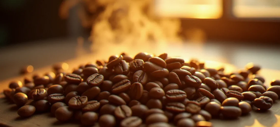 Grains de café arabica torréfié clair sur une planche en bois, exemple de meilleur café en grain sans amertume