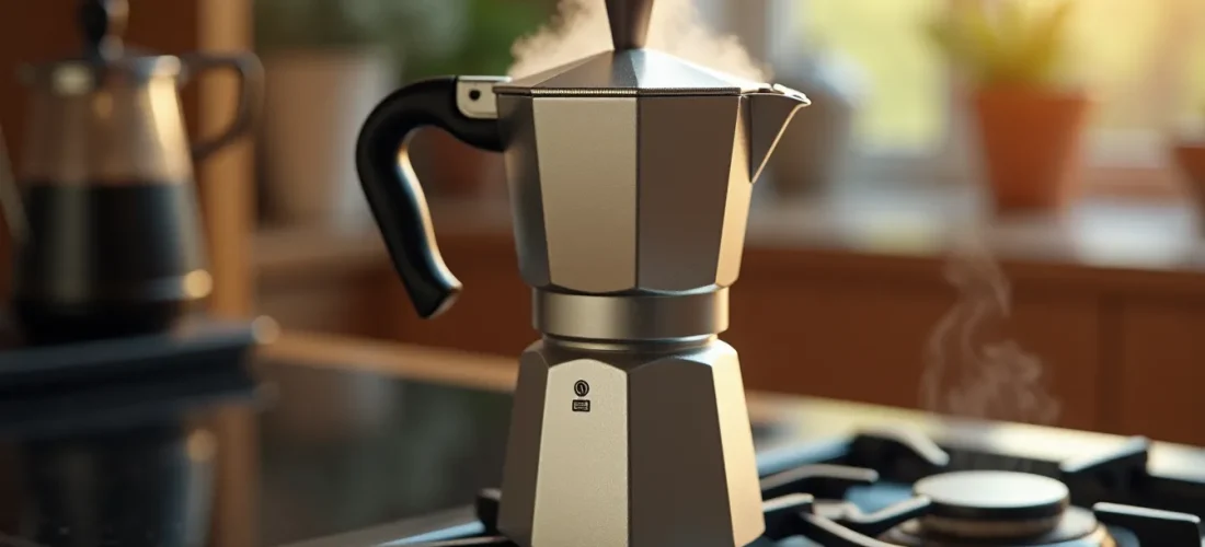 Cafetière moka en aluminium sur un feu de gaz avec de la vapeur s'échappant du bec verseur, préparation d'un café moka dans une cuisine