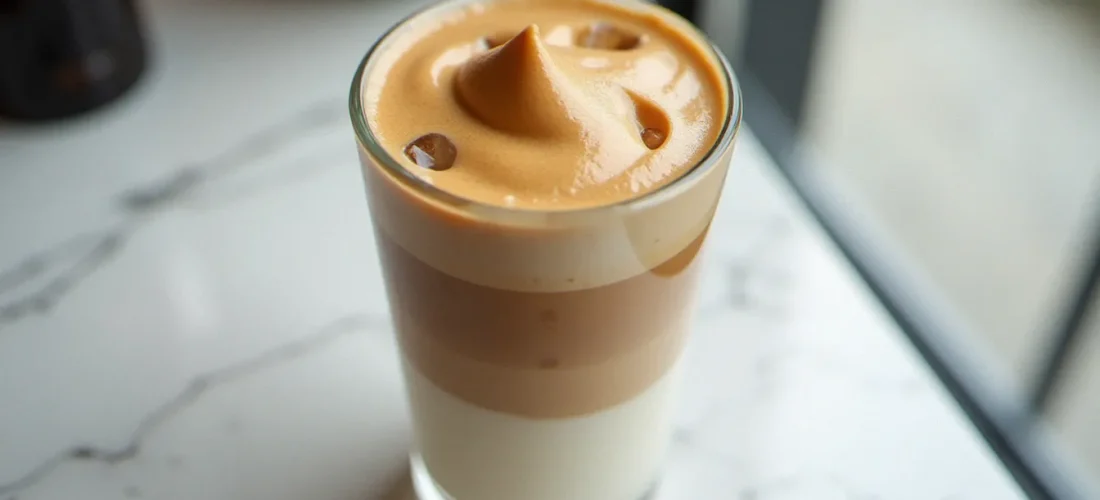 Verre de lait glacé couronné d'une mousse au café bien ferme et dorée aux pics brillants, photographié en vue plongeante sur marbre blanc près d'une fenêtre lumineuse