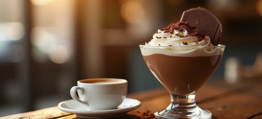 Verrine de mousse mocha au chocolat noir et espresso surmontée de crème fouettée et copeaux de chocolat, posée sur un comptoir de café en bois avec une tasse à espresso