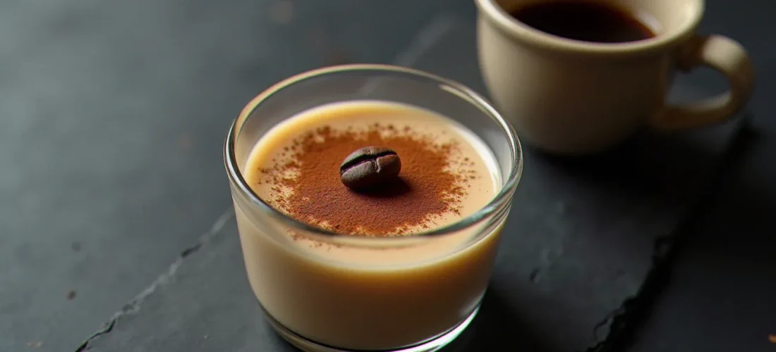 Verrine de panna cotta café vue de dessus, saupoudrée de cacao et garnie d'un grain de café torréfié, sur une ardoise sombre
