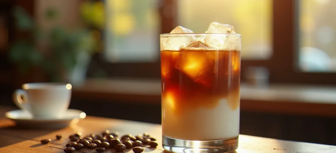 Grand verre de café latte glacé aux couches distinctes d'espresso et de lait posé sur un comptoir de café en bois, illustrant la recette café latte glacé maison