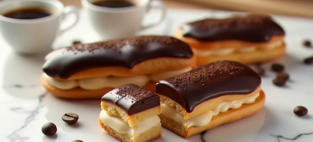 Quatre éclairs au café maison sur marbre blanc, glaçage fondant brillant et crème pâtissière au café visible en coupe