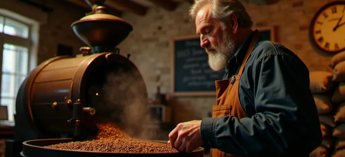 Torréfacteur artisanal surveillant un tambour de torréfaction en fonte pour torréfier des grains de café dans un atelier rustique en Auvergne